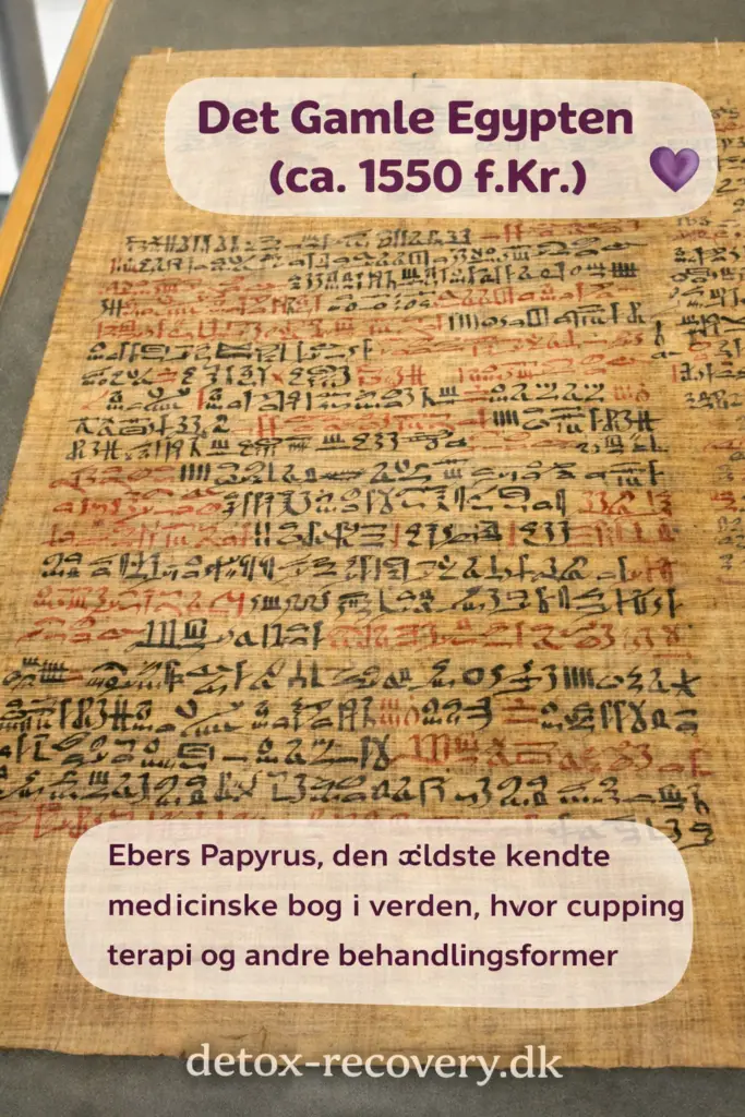 Ebers Papyrus fra det gamle Egypten (ca. 1550 f.Kr.) – verdens ældste medicinske tekst med beskrivelser af cupping terapi